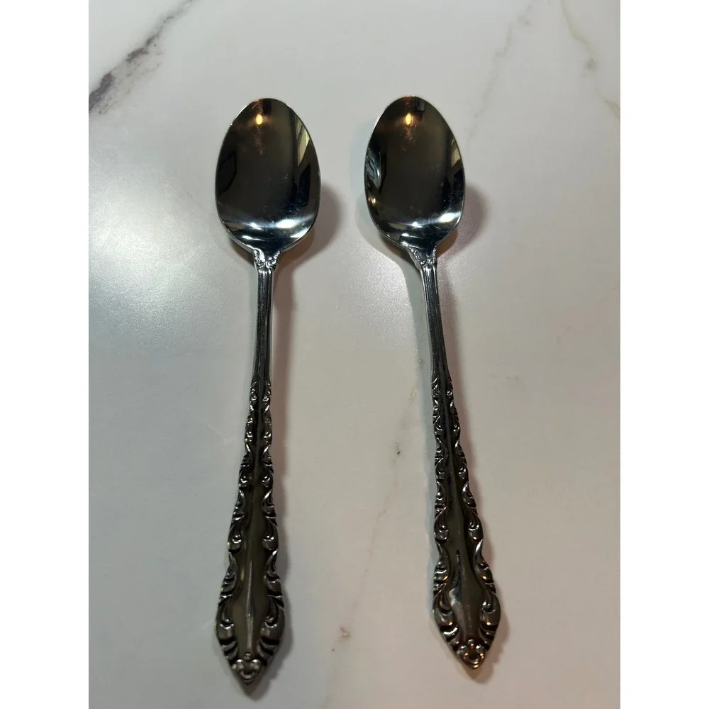 National Silver Co Illusion Stainless Set of Dinnerspoon 2 Floral Scroll Glossy